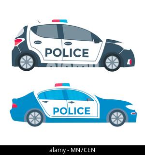 Streife auf einer Straße mit Polizei Auto. Fahrzeug mit Blaulicht auf dem Dach. Flache Vector Illustration. Stock Vektor