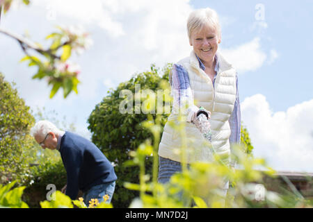 Älteres Paar zusammen im Garten arbeiten Stockfoto