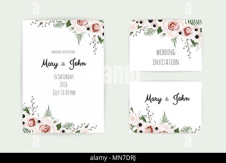 Blumen Hochzeit Einladung. Botanische Karte Vektor Design Garten rosa, pfirsich Rose Blume, Anemonen, grünen Eukalyptus, zartes Grün. Stock Vektor