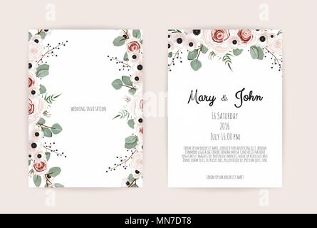 Blumen Hochzeit Einladung. Botanische Karte Vektor Design Garten rosa, pfirsich Rose Blume, Anemonen, grünen Eukalyptus, zartes Grün. Stock Vektor