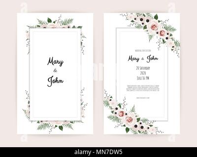 Blumen Hochzeit Einladung. Botanische Karte Vektor Design Garten rosa, pfirsich Rose Blume, Anemonen, grünen Eukalyptus, zartes Grün. Stock Vektor