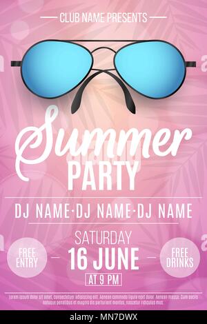 Plakat für eine Sommerparty. Strand Sonnenbrille auf einem rosa Hintergrund mit Palmen. Blicke bokeh. Die Namen der Club und DJ. Saisonale disco Flyer. Ve Stock Vektor