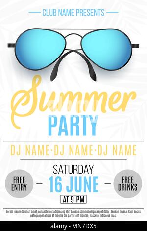 Plakat für eine Sommerparty. Farbenfrohe Strand Sonnenbrille auf weißem Hintergrund mit Palmen. Die Namen der Club und DJ. Farbigen Text. Sommer Disco Stock Vektor