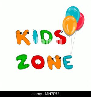 Kids Zone Logo unterzeichnen. Hand schriftliche Anzeige farbiger Text. Genäht, gepatcht, Nähte, dekorative lustige Buchstaben Stock Vektor