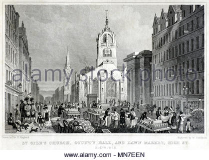 St. Giles Church, County Hall und Rasen, Markt, High Street, Edinburgh, antiken Gravur von 1829 Stockfoto