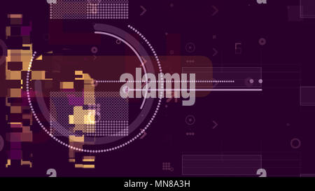 Einen Roboter 3D-Rendering von golden und Gelb technologische Cubes bilden einige runden Kugel und der starren Gitter aus weißen Punkten in den dunklen Violett hinterg Stockfoto