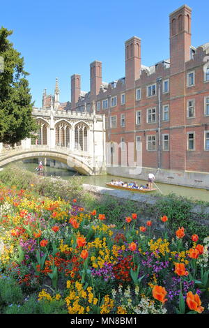 CAMBRIDGE, UK - 6. Mai 2018: Der Seufzerbrücke am St John's College der Universität mit Touristen und Studenten stochern auf dem Fluss Cam mit bunten Flo Stockfoto