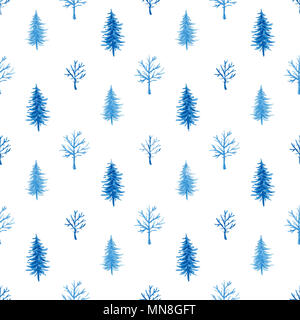 Dekorative Hand gezeichnet Aquarell nahtlose Muster mit blau Bäume auf weißem Hintergrund Stockfoto