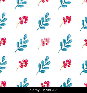 Hand gezeichnet Aquarell Blumen nahtlose Muster mit Zweig und roten Beeren auf weißem Hintergrund Stockfoto