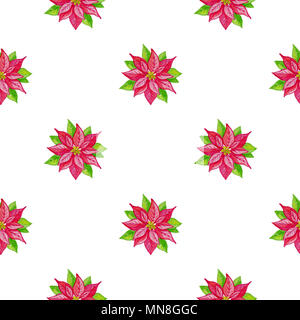Dekorative Weihnachten Aquarell nahtlose Muster mit roten Blumen auf weißem Hintergrund Stockfoto