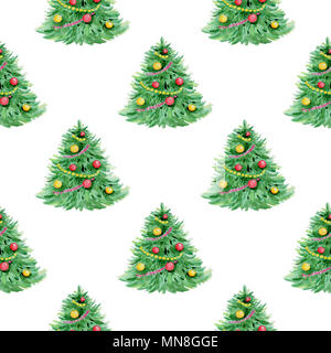 Dekorative Hand gezeichnet Aquarell nahtlose Muster mit Weihnachtsbaum auf weißem Hintergrund Stockfoto