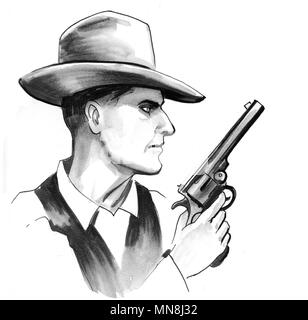 Sheriff mit einem Revolver Pistole. Tinte schwarz-weiss Zeichnung Stockfoto