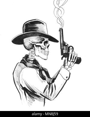 Dead Cowboy mit einem smoking gun. Tinte schwarz und weiß Abbildung: Stockfoto