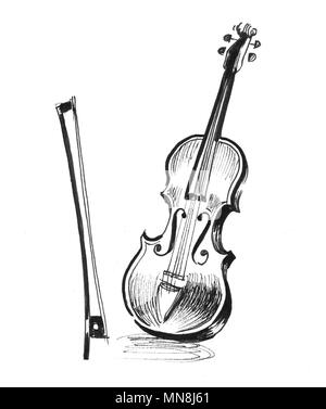 Violine Musikinstrument. Tinte schwarz und weiß Abbildung: Stockfoto