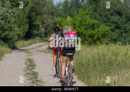 Hübsches Mädchen Radfahren in der wilden Natur auf der Piste. Fahrräder Radsport Mädchen. Mädchen fährt Fahrrad. Stockfoto