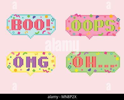 Vektor Pixel-art 8 bit Satz von vier stikers. Pixel dialog Cloud und Font mit modernen geometrischen Dekor. Kreative Unterhaltung chat und Messenger Aufkleber. Stock Vektor