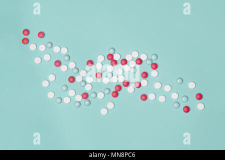 Sortiment von verschiedenen bunten Pillen auf pastellfarbenen Hintergrund. Medikamente und verschreibungspflichtige Pillen flachbild Hintergrund legen. Stockfoto