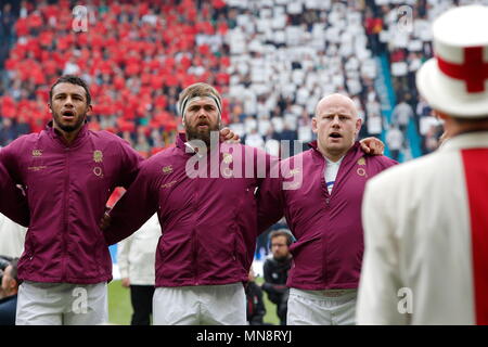 England's Dan Cole (Prop), Geoff Parling (Lock) und Courtney Lawes (Lock) während der QBE-Länderspiel zwischen England/Irland bei Twickenham Stadium. London, England Stockfoto