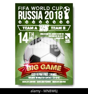 2018 FIFA World Cup Poster Vektor. Zu Russland willkommen. Fußball-Fußball-Kugel. Design für Sport Bar Förderung. Turnier, meisterschaft Flyer Design. Fußball-Club, Akademie Flyer. Einladung Abbildung Stock Vektor