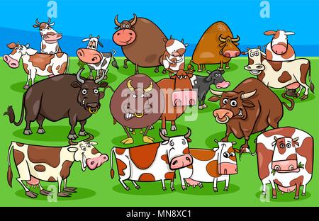Cartoon Illustration der lustige Kühe und Stiere Farm Animal Zeichen Gruppe Stock Vektor