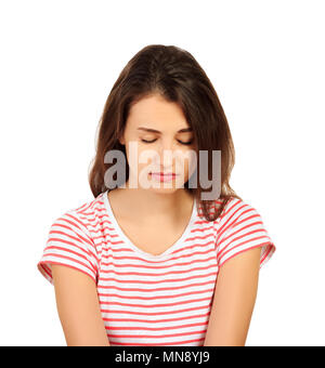 Junge schöne traurige Frau ernst und besorgt. Besorgt und deprimiert Mädchen isoliert weißen Hintergrund. emotionale Mädchen auf weißem Hintergrund. Stockfoto