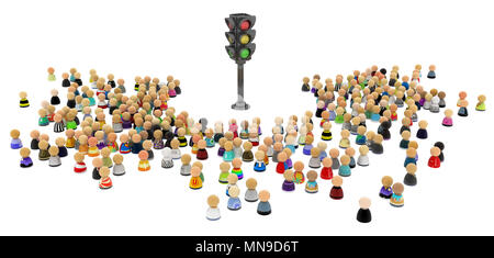 Große Menge von kleinen symbolischen 3D-Figuren, mit Ampel, über Weiß Stockfoto