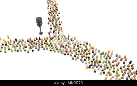 Große Menge von kleinen symbolischen 3D-Figuren, mit Ampel, über Weiß Stockfoto