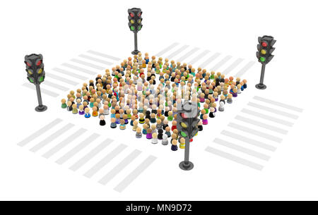 Große Menge von kleinen symbolischen 3D-Figuren, mit Ampel, über Weiß Stockfoto