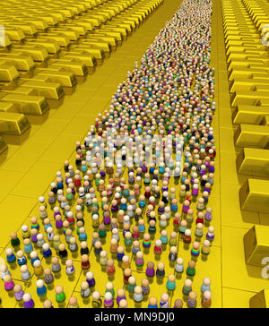 Masse von kleinen symbolischen Figuren, golden, 3D-Darstellung, horizontal Stockfoto