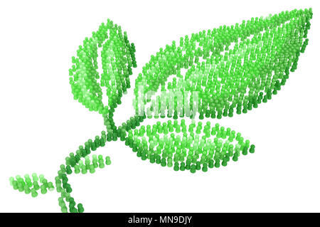 Masse von kleinen symbolischen Figuren, grün Form des Blattes, 3D-Darstellung, horizontal Stockfoto
