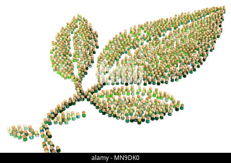 Masse von kleinen symbolischen Figuren, grün Form des Blattes, 3D-Darstellung, horizontal Stockfoto