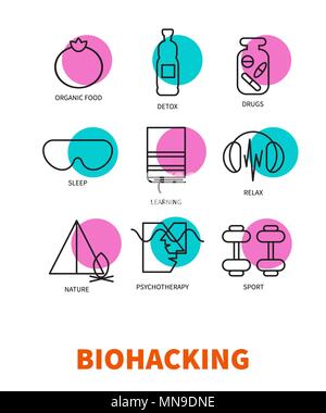 Biohacking, Icon Set, biologische Lebensmittel, gesunder Lebensstil, Entspannung, Psychotherapie, Pillen Natur detox Sport schlafen Vector lieferbar Abbildung: Stock Vektor
