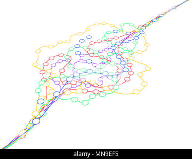Kreise, die durch Linien verbindung Systeme geschichtete Farbe Bündel, über Weiß, isoliert, horizontal 3D-Illustration verbunden Stockfoto