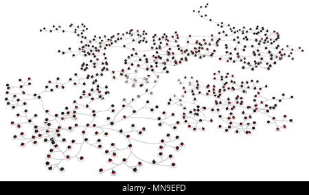 Kreise mit Bomben durch Linien verbindung Systemen verknüpft, über Weiß, isoliert, horizontal 3D-Darstellung Stockfoto