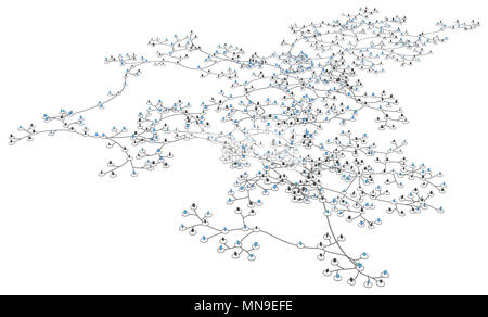 Kreise mit Smart Phones durch Linien Verbindung in Zusammenhang stehen, über Weiß, isoliert, horizontal 3D-Darstellung Stockfoto