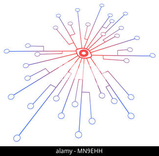 Kreise, die durch Linien Anschlusstechnik rote Augen symbol Center verbunden, über Weiß, isoliert, horizontal 3D-Darstellung Stockfoto