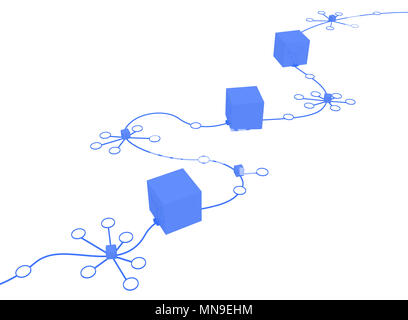 Kreise, die durch Linien verbindung Systemen verknüpft block Kette, über Weiß, isoliert, horizontal 3D-Darstellung Stockfoto