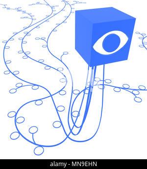 Kreise, die durch Linien Anschlusstechnik mit Auge box ab, über Weiß, Isoliert, vertikale 3D-Darstellung Stockfoto