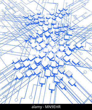 Kreise, die durch Linien Anschlusstechnik mit Blocks ab, über Weiß, Isoliert, vertikale 3D-Darstellung Stockfoto