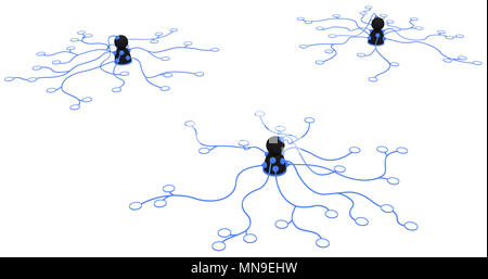 Kreise, die durch Linien Anschlusstechnik, dunkle Gestalt Hub verbunden, über Weiß, isoliert, horizontal 3D-Darstellung Stockfoto