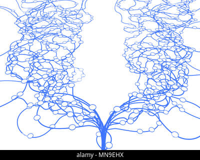 Kreise, die durch Linien verbindung Systeme geschichtete Split, über Weiß, isoliert, horizontal 3D-Darstellung Stockfoto