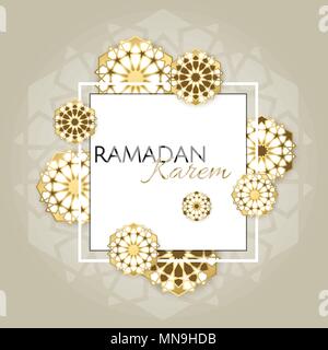 Ramadan Kareem poster Design mit 3d-Papier geschnitten islamischen Laternen, Sterne und Mond auf gold und violett unterlegt. Vector Illustration. Vektor illustratio Stock Vektor