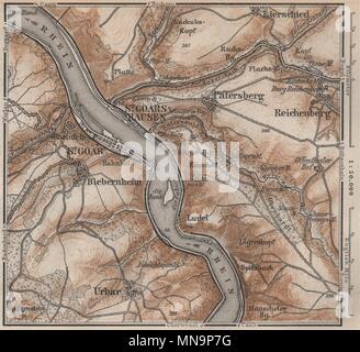 SANKT GOAR St. Goarshausen Oberes Mittelrheintal Mittelrheintal Karte kleine 1892-Karte Stockfoto