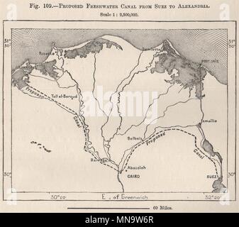 Vorgeschlagene Süßwasser-Kanal von Suez nach Alexandria. Ägypten 1885 alte antike Karte Stockfoto