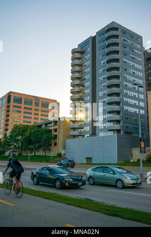 Downtown Madison, Wisconsin, um das Kapitol. Stockfoto