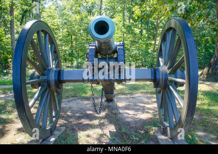 Bürgerkriegära bronze Kanone auf das Maultier Schuh, Spotslvania Schlachtfeld, Fredericksburg und Spotsylvania National Military Park. Stockfoto