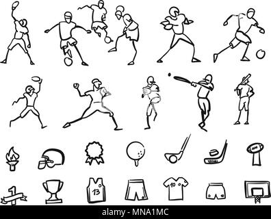 Fußball, Fußball und Baseballplayer skizziert Motion Doodle gesetzt, Hand-Vector gezeichnet Umrisse Artwork Stock Vektor