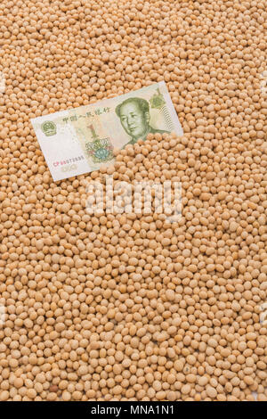 Uns China Sojabohne Tarife Konzept - Chinesische Renminbi Banknote mit Massen von Raw/chemische Sojabohnen. Uns China Handelskrieg Konzept, China soybean Tarife. Stockfoto