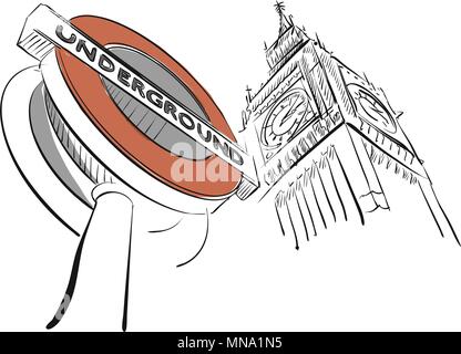 Londoner U-Zeichen vor Big Ben, Handgezeichneten Vektor skizzieren Skizze Stock Vektor