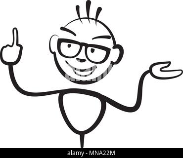 Strichmännchen Mann mit Brille Finger, Stickman Vektor-zeichnung auf weißem Hintergrund Stock Vektor